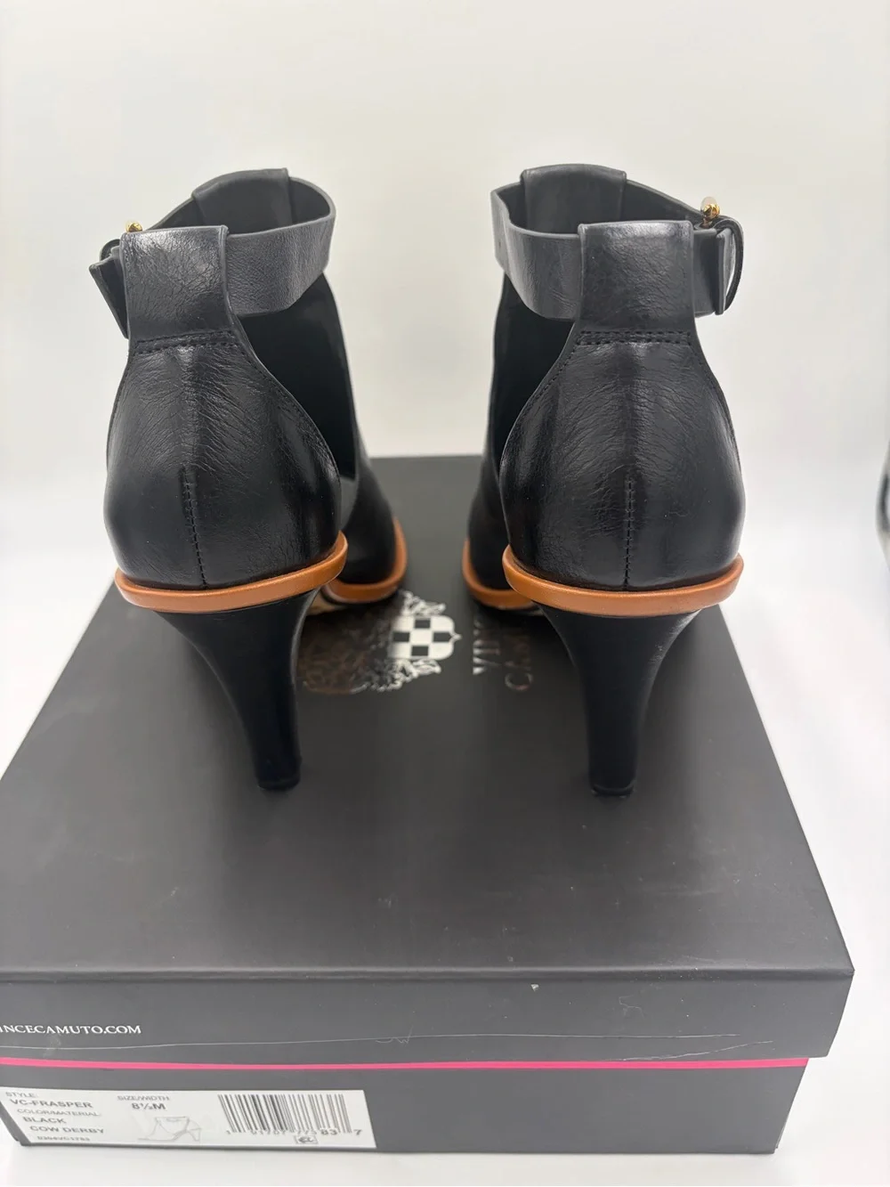 Vince Camuto Fasper Black Leather Ankle-Strap Peep-Toe Heel 8.5 Bootie Sandal